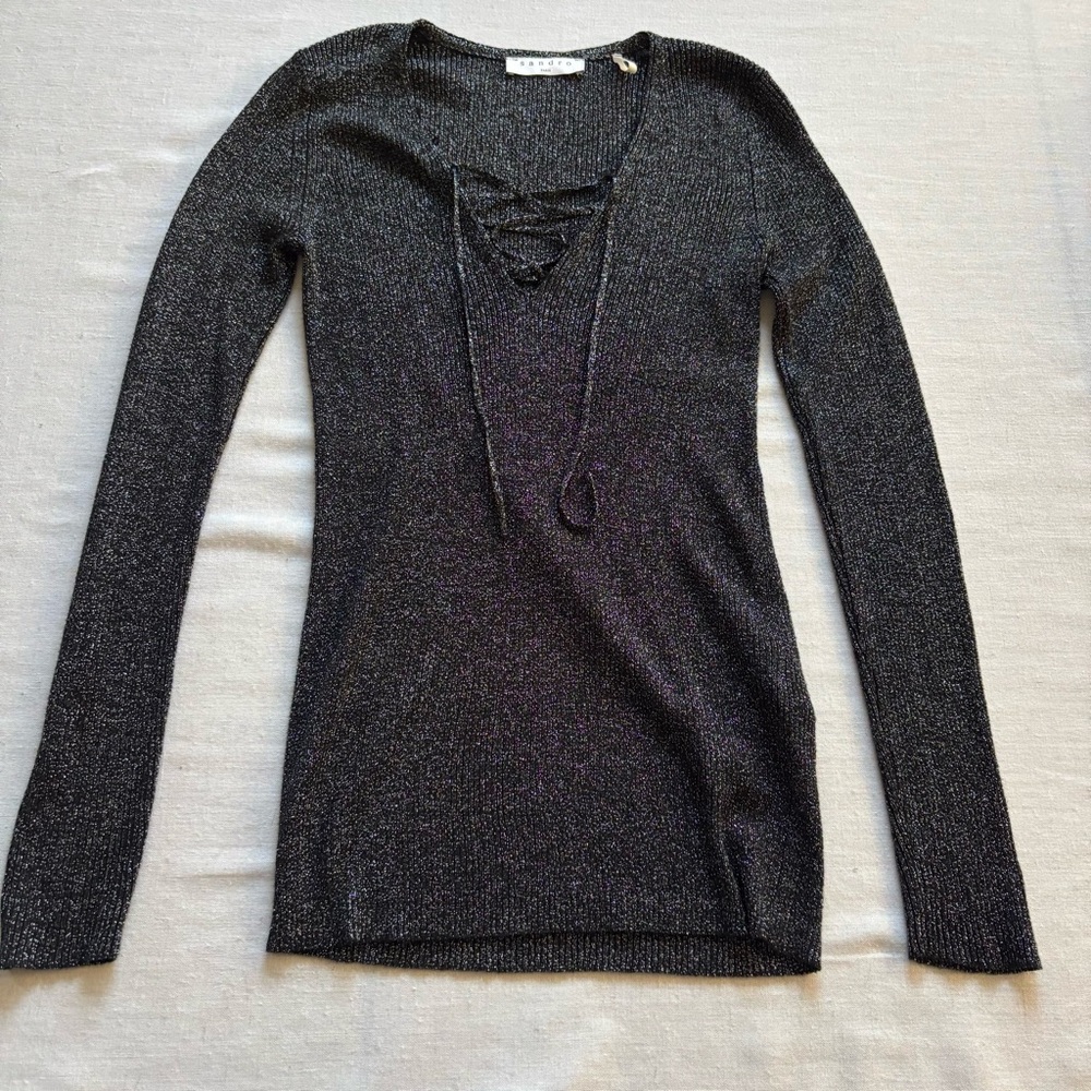 Sandro Paris Sacha Lace Up Ribbed Knot Top Black S | Parisian Chic